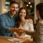 Um homem e uma mulher sorridentes sentam-se juntos em uma mesa, com o homem apertando a mão de uma mulher em trajes de negócios à sua frente. Uma prancheta com documentos lisos e uma caneta está sobre a mesa em um ambiente bem iluminado.