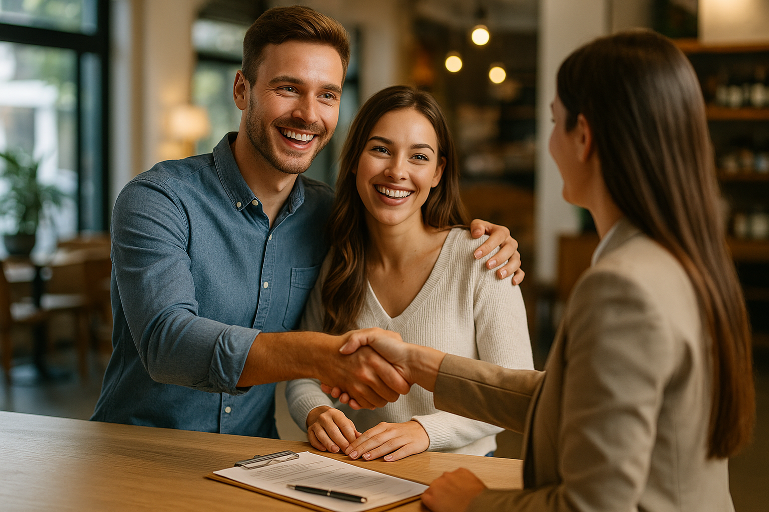 Um homem e uma mulher sorridentes sentam-se juntos em uma mesa, com o homem apertando a mão de uma mulher em trajes de negócios à sua frente. Uma prancheta com documentos lisos e uma caneta está sobre a mesa em um ambiente bem iluminado.