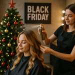 Um cabeleireiro borrifa o produto Lizzon no cabelo de uma mulher em um salão decorado com uma árvore de Natal e uma placa de 