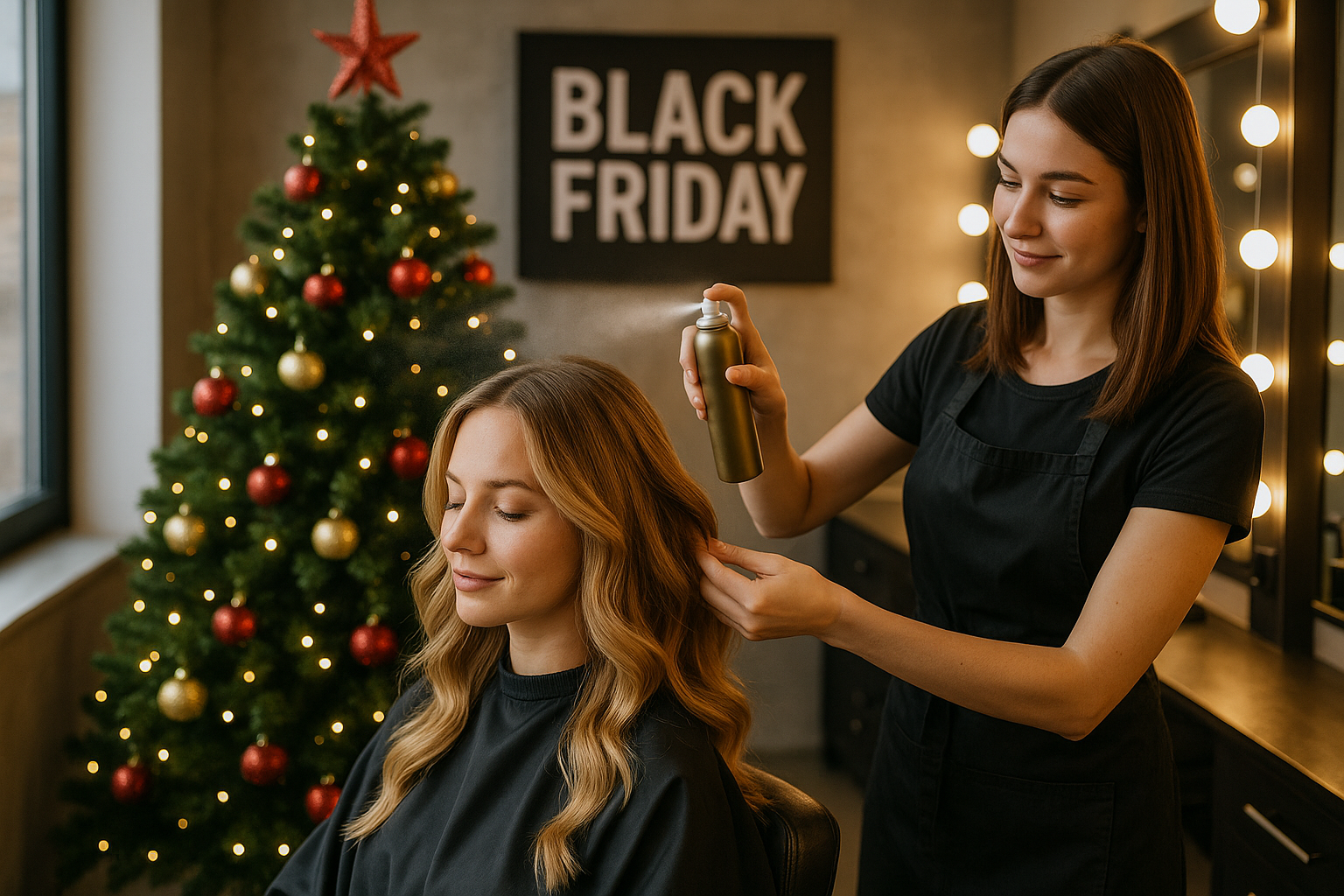Um cabeleireiro borrifa o produto Lizzon no cabelo de uma mulher em um salão decorado com uma árvore de Natal e uma placa de