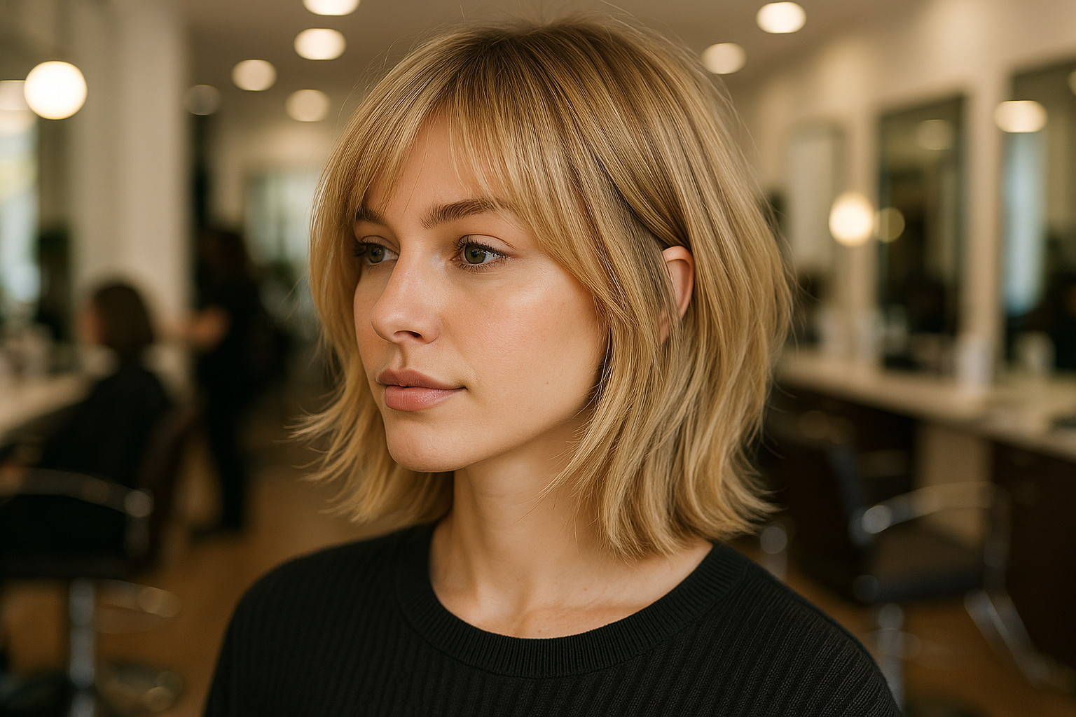 Uma mulher com um cabelo curto, liso e loiro e franja lateral está sentada em um salão de cabeleireiro moderno, usando um top preto. Espelhos embaçados e cadeiras de modelagem são visíveis ao fundo.