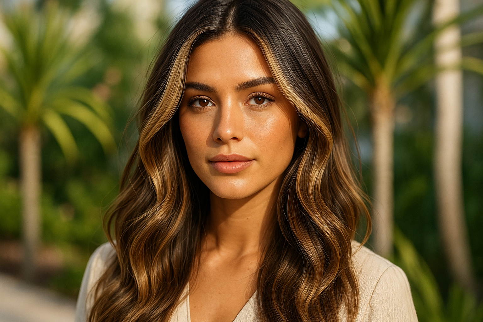 Uma mulher com cabelos longos, ondulados, castanhos e com mechas claras está ao ar livre, de frente para a câmera. Ela tem uma expressão neutra. Plantas e árvores verdes são visíveis no fundo desfocado.