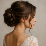 Uma mulher com cabelos castanhos penteados em um liso volumoso olha para o lado. Ela usa um vestido de renda com estampas florais no ombro. O fundo é liso e neutro.