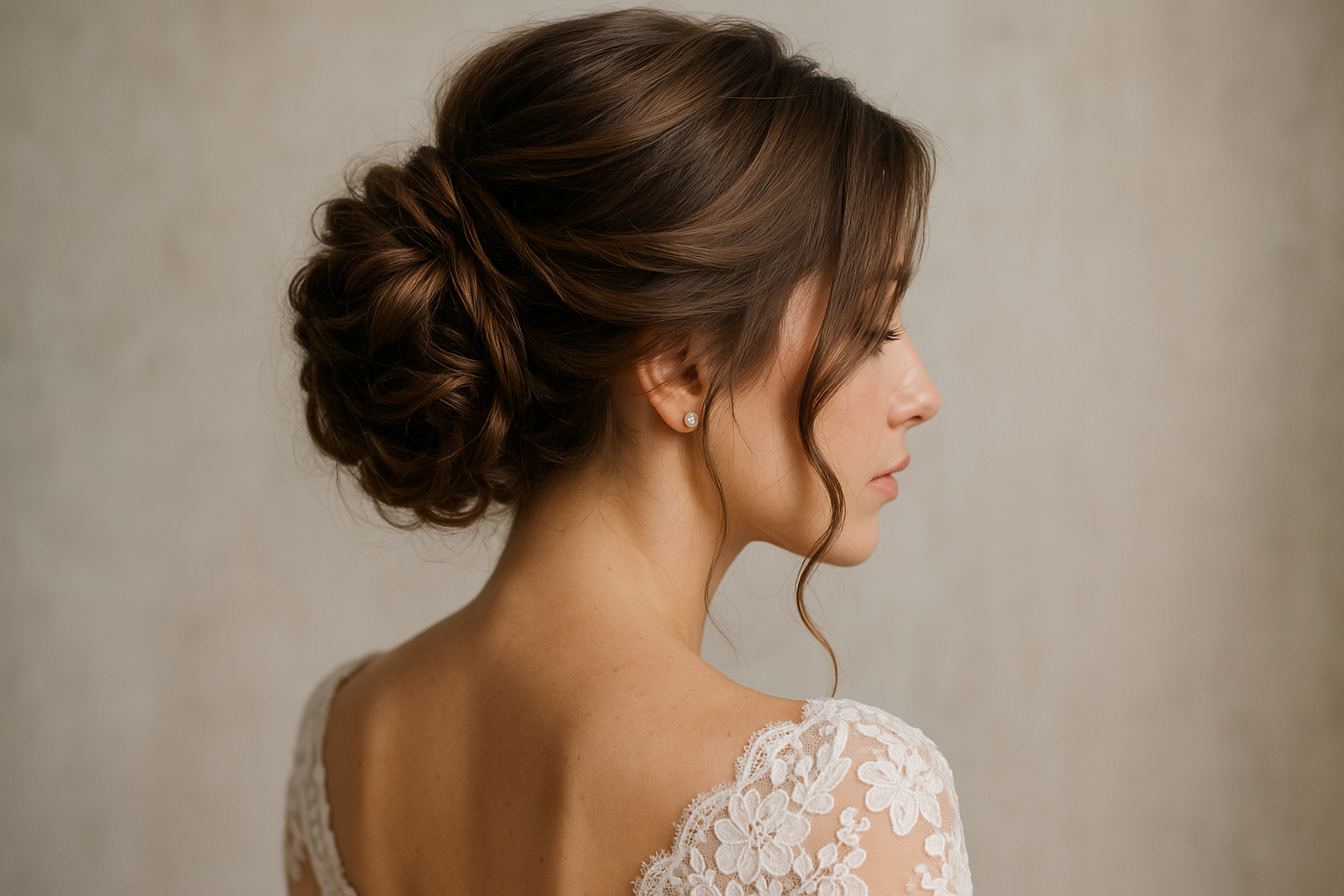 Uma mulher com cabelos castanhos penteados em um liso volumoso olha para o lado. Ela usa um vestido de renda com estampas florais no ombro. O fundo é liso e neutro.