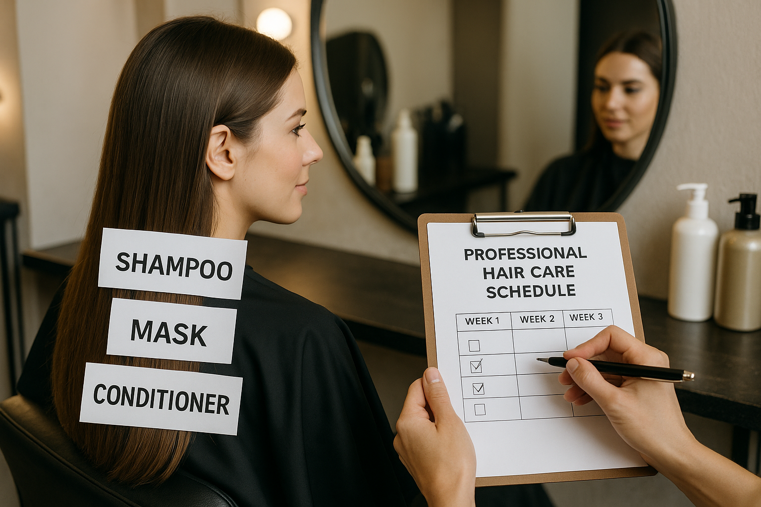 Uma mulher está sentada em uma cadeira de salão de beleza, olhando para seu reflexo. As etiquetas em suas costas indicam Shampoo, Máscara e Condicionador, parte de um cronograma de cuidados com o cabelo profissional da Lizzon. Outra pessoa segura uma prancheta que detalha as etapas do tratamento liso.