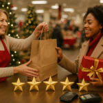 Um funcionário de uma loja entrega uma sacola de compras a um cliente sorridente segurando um presente Lizzon embrulhado. Cinco estrelas douradas estão dispostas no balcão, com árvores de Natal ao fundo, criando um cenário festivo de férias.