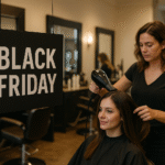 Um cabeleireiro seca o cabelo de uma cliente em um salão de beleza com um resultado liso e elegante. Uma grande placa da Black Friday está em primeiro plano, enquanto cadeiras de salão, espelhos e frascos de produtos preenchem o plano de fundo.