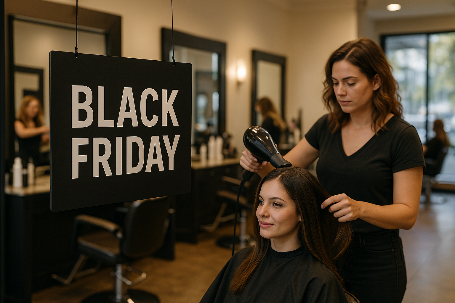Um cabeleireiro seca o cabelo de uma cliente em um salão de beleza com um resultado liso e elegante. Uma grande placa da Black Friday está em primeiro plano, enquanto cadeiras de salão, espelhos e frascos de produtos preenchem o plano de fundo.