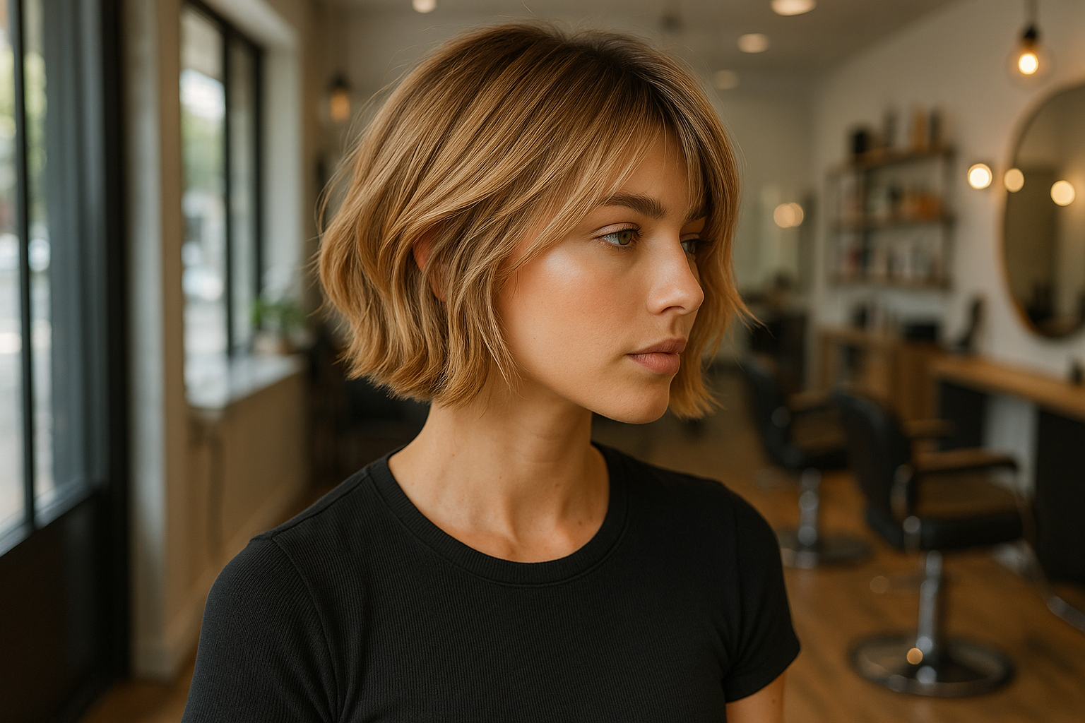 Uma jovem com cabelos loiros liso, curtos e em camadas, vestindo uma camiseta preta, está em um salão de cabeleireiro moderno com grandes janelas, cadeiras pretas e prateleiras ao fundo.