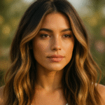 Uma mulher com cabelos castanhos longos e lisos e uma expressão neutra está ao ar livre sob a luz suave do sol. Ela está vestindo um top branco e o fundo é uma vegetação desfocada.