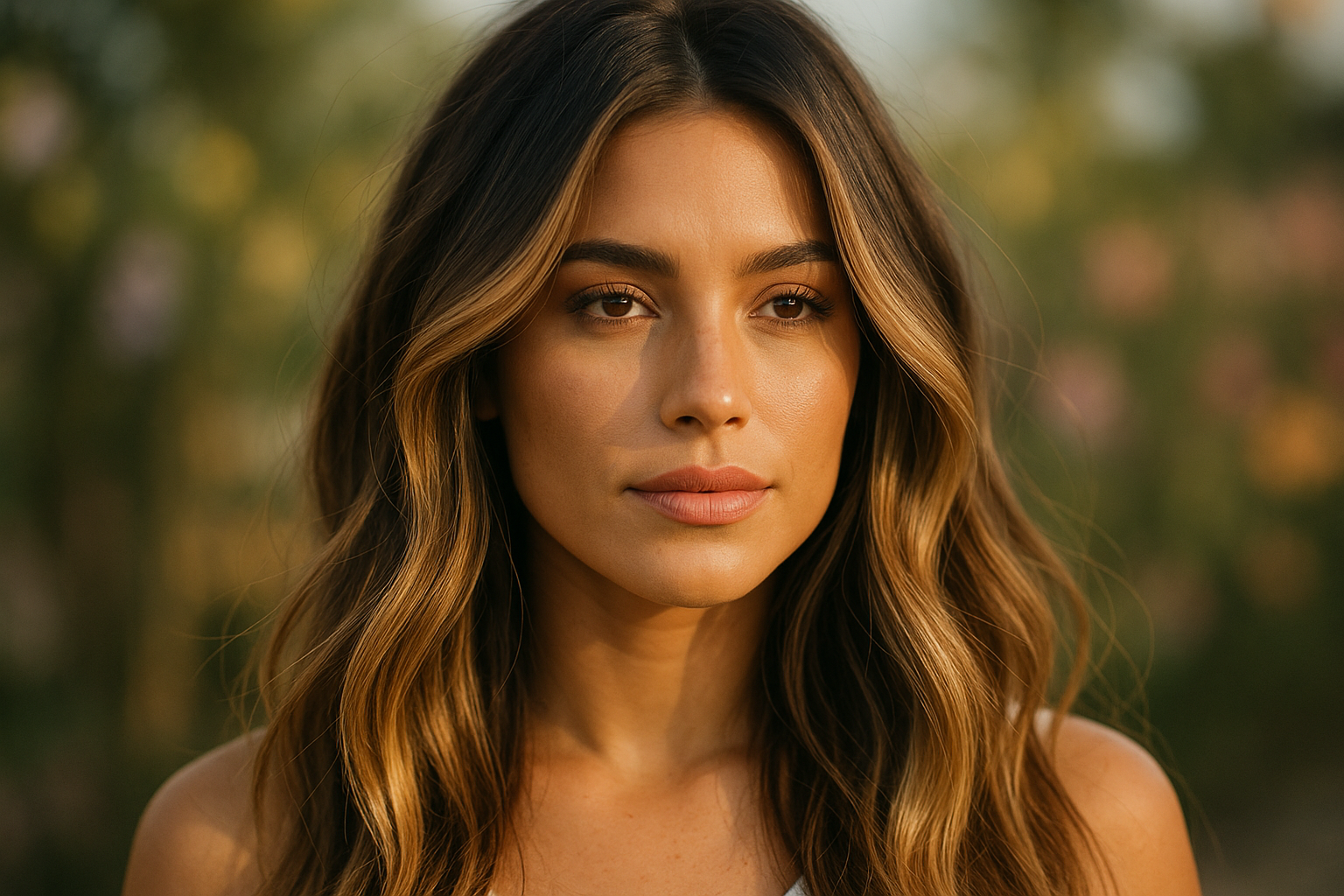 Uma mulher com cabelos castanhos longos e lisos e uma expressão neutra está ao ar livre sob a luz suave do sol. Ela está vestindo um top branco e o fundo é uma vegetação desfocada.