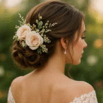 Uma mulher com cabelos castanhos penteados em um elegante coque baixo adornado com rosas claras e flores de bico de papagaio, usando um vestido de renda de ombros caídos, é mostrada de lado contra um fundo verde desfocado ao ar livre.