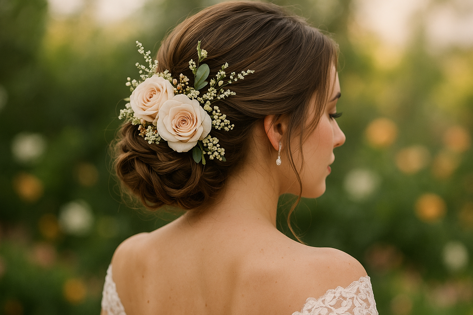 Uma mulher com cabelos castanhos penteados em um elegante coque baixo adornado com rosas claras e flores de bico de papagaio, usando um vestido de renda de ombros caídos, é mostrada de lado contra um fundo verde desfocado ao ar livre.
