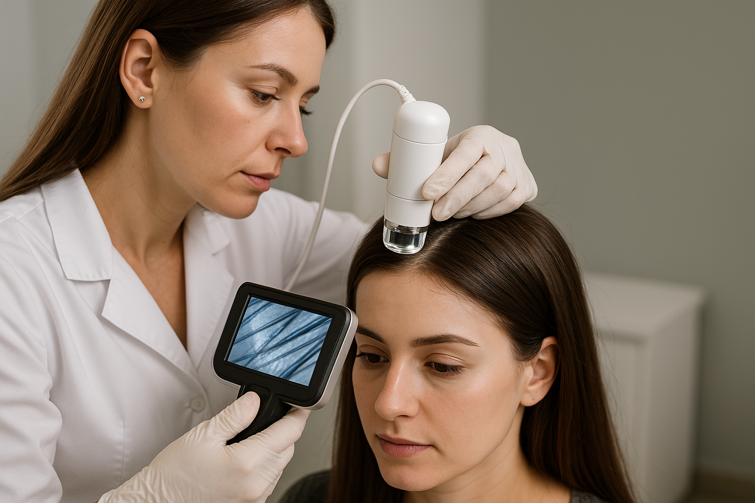 Um profissional de saúde usando luvas usa um microscópio digital portátil liso para examinar o couro cabeludo de um paciente, visualizando o cabelo e a pele ampliados em um pequeno monitor. Ambos os indivíduos têm expressões sérias.