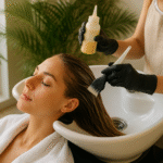 Uma mulher com cabelos molhados reclina-se na pia de um salão enquanto um estilista usando luvas pretas aplica o tratamento capilar Lizzon com uma escova e um frasco. A mulher está com os olhos fechados e usa uma toalha branca sobre os ombros, aproveitando o efeito liso.