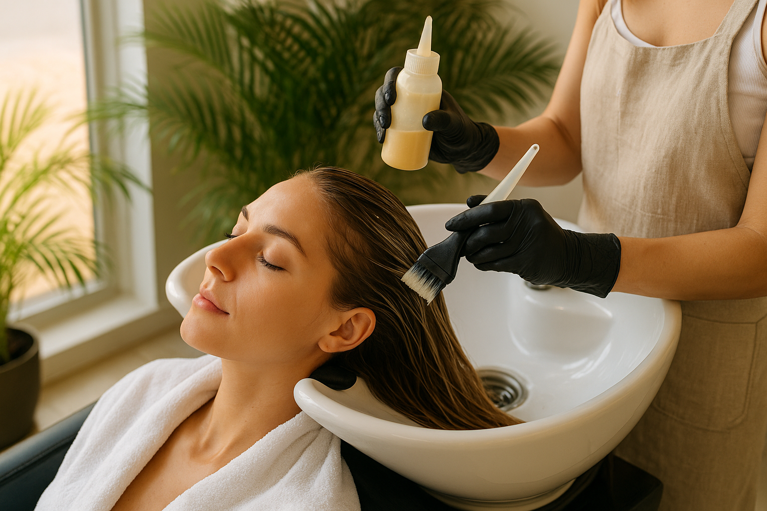 Uma mulher com cabelos molhados reclina-se na pia de um salão enquanto um estilista usando luvas pretas aplica o tratamento capilar Lizzon com uma escova e um frasco. A mulher está com os olhos fechados e usa uma toalha branca sobre os ombros, aproveitando o efeito liso.