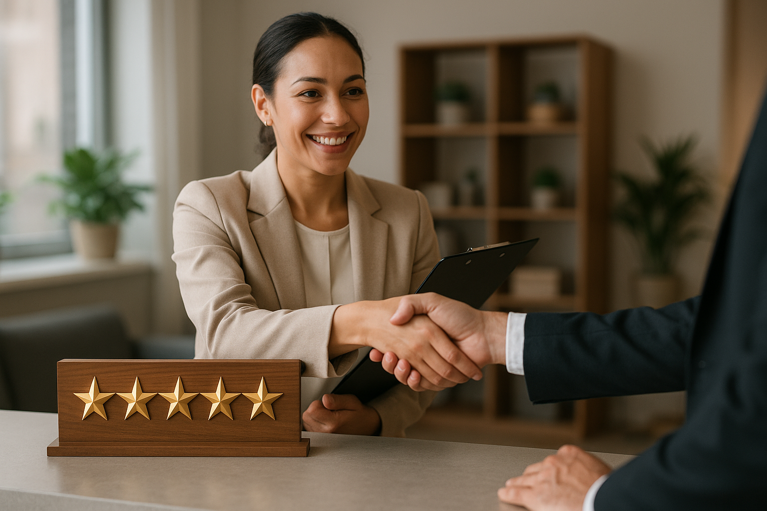 Uma mulher em traje de negócios sorri enquanto aperta a mão de uma pessoa fora da câmera. Ela segura uma prancheta e uma placa de madeira com cinco estrelas douradas está visível no balcão, destacando seu compromisso com o bom atendimento ao cliente.