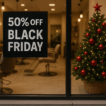 Um grande cartaz com a inscrição 50% OFF BLACK FRIDAY liso está exposto em uma janela de vidro de um salão de beleza. No interior, as cadeiras Lizzon se alinham no espaço, com uma árvore de Natal decorada com enfeites vermelhos e uma estrela vermelha no topo.