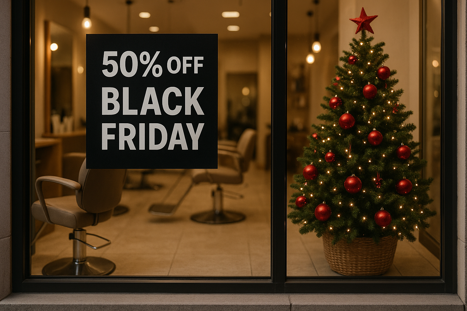 Um grande cartaz com a inscrição 50% OFF BLACK FRIDAY liso está exposto em uma janela de vidro de um salão de beleza. No interior, as cadeiras Lizzon se alinham no espaço, com uma árvore de Natal decorada com enfeites vermelhos e uma estrela vermelha no topo.