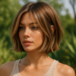 Uma jovem mulher com corte de cabelo liso bob na altura do queixo e cabelos castanhos claros está ao ar livre, vestindo uma blusa bege sem mangas. Folhagem verde e árvores borradas são visíveis ao fundo.
