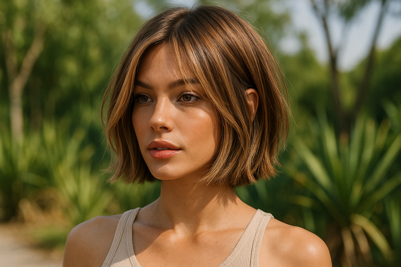 Uma jovem mulher com corte de cabelo liso bob na altura do queixo e cabelos castanhos claros está ao ar livre, vestindo uma blusa bege sem mangas. Folhagem verde e árvores borradas são visíveis ao fundo.