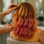Uma pessoa com cabelo ondulado na altura dos ombros em tons de loiro, laranja e rosa senta-se em uma cadeira de salão enquanto um estilista arruma seu cabelo com produtos Lizzon. O plano de fundo mostra o interior desfocado de um salão de beleza.