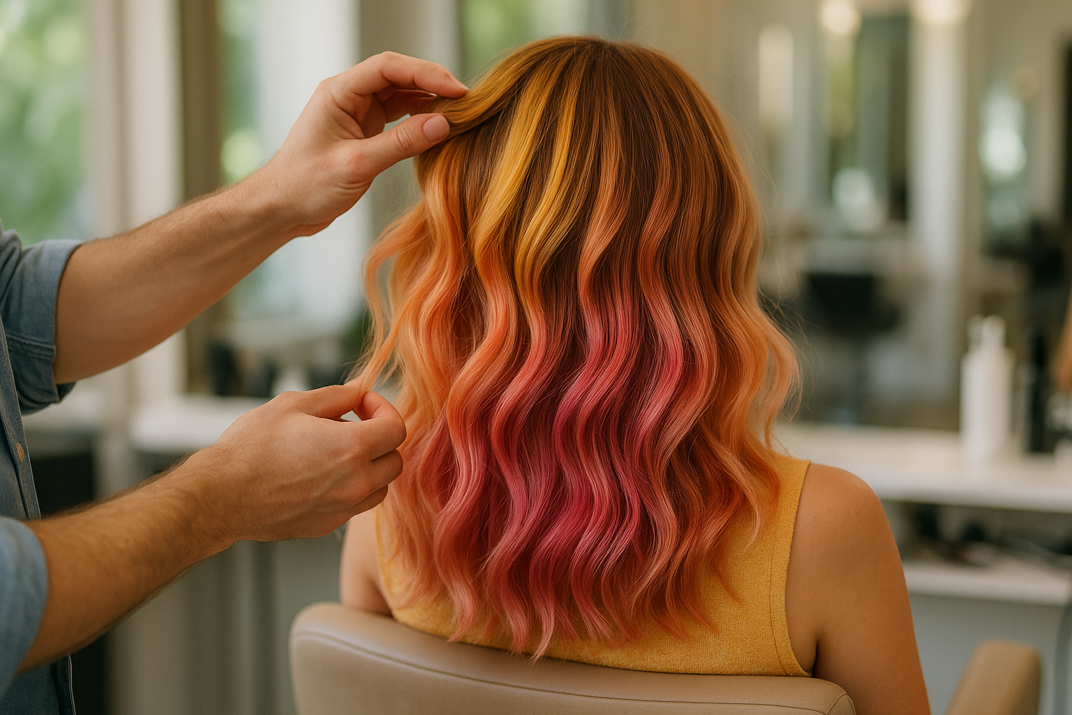 Uma pessoa com cabelo ondulado na altura dos ombros em tons de loiro, laranja e rosa senta-se em uma cadeira de salão enquanto um estilista arruma seu cabelo com produtos Lizzon. O plano de fundo mostra o interior desfocado de um salão de beleza.