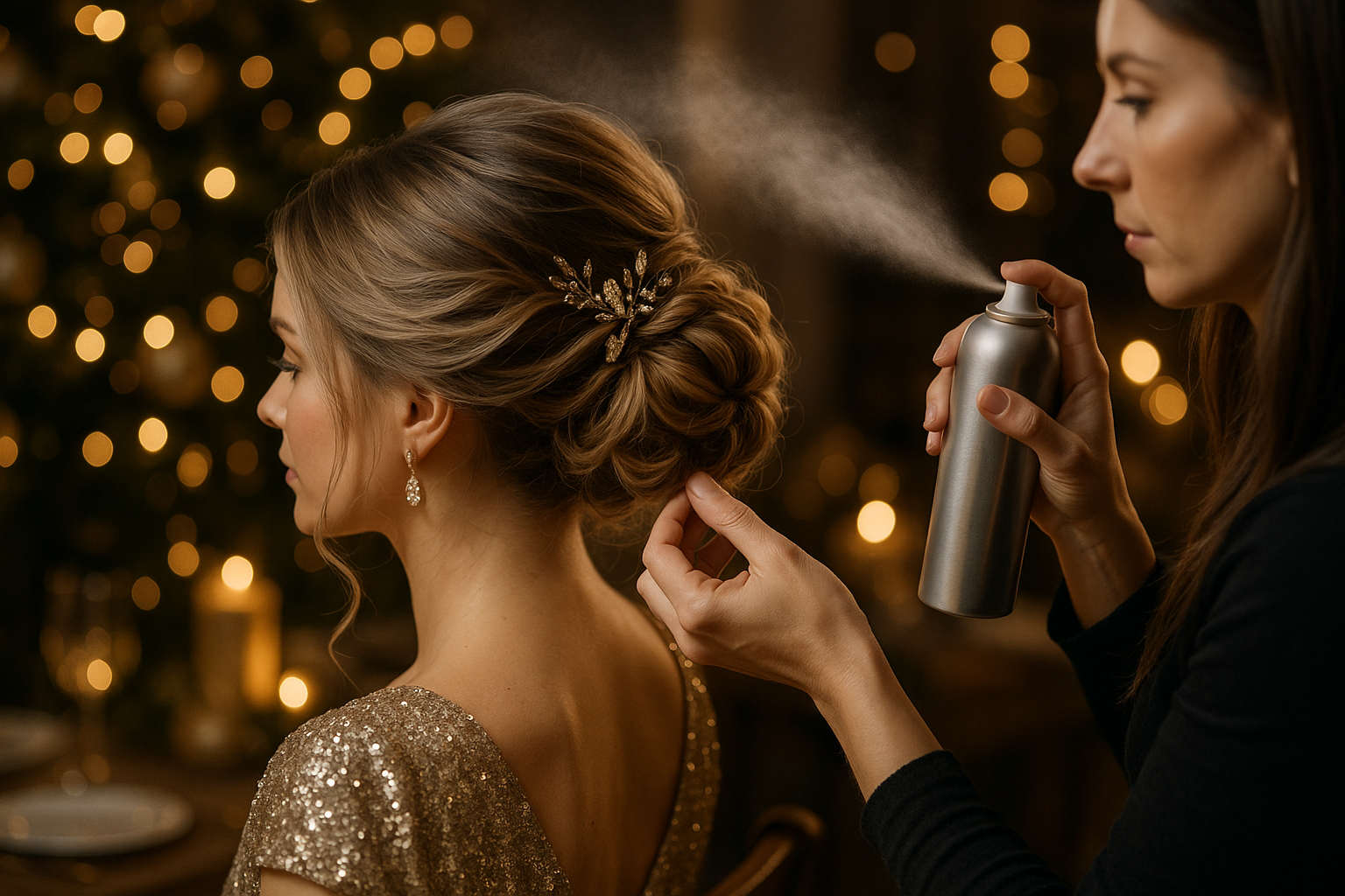Uma mulher em um vestido de lantejoulas está sentada enquanto outra pessoa borrifa o spray de cabelo Liso em seu cabelo estilizado. O penteado elegante é adornado com um grampo de cabelo decorativo, enquanto luzes desfocadas e uma árvore decorada criam um cenário festivo de Lizzon.