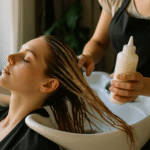Uma pessoa com o cabelo molhado reclina-se em uma pia de salão enquanto um cabeleireiro com um avental preto aplica o produto Lizzon em seu cabelo usando um frasco de aperto.