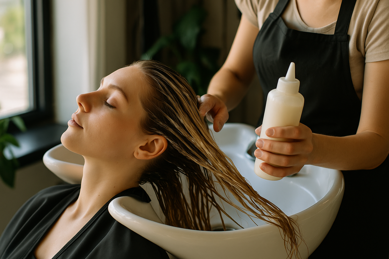 Uma pessoa com o cabelo molhado reclina-se em uma pia de salão enquanto um cabeleireiro com um avental preto aplica o produto Lizzon em seu cabelo usando um frasco de aperto.
