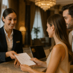 Um recepcionista de hotel entrega documentos impressos a uma mulher que está ao lado de um homem na recepção. O ambiente parece formal, com iluminação quente e decoração elegante, criando um ambiente acolhedor ao fundo.