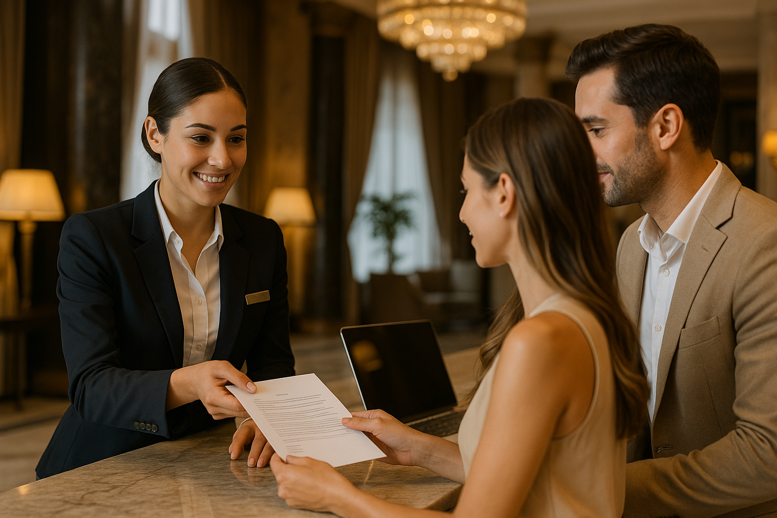 Um recepcionista de hotel entrega documentos impressos a uma mulher que está ao lado de um homem na recepção. O ambiente parece formal, com iluminação quente e decoração elegante, criando um ambiente acolhedor ao fundo.