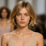 Uma jovem de cabelos loiros curtos e olhos claros caminha em uma passarela de moda liso usando um vestido bege de alça espaguete. Outra modelo e um público são visíveis no fundo desfocado.