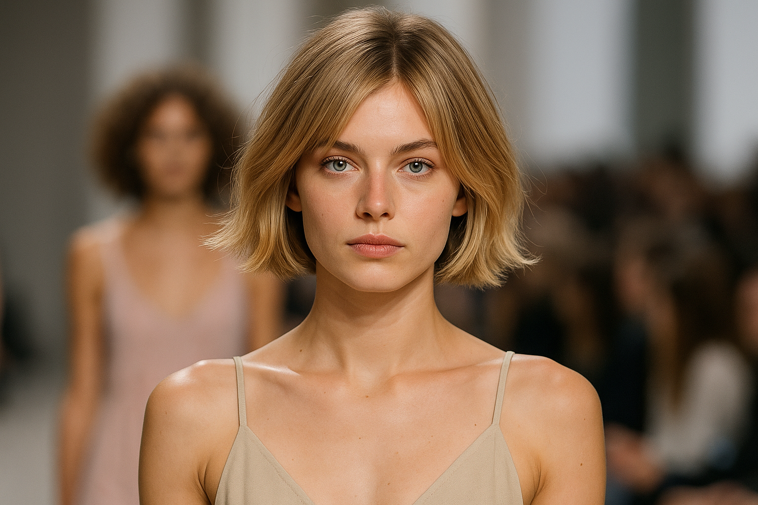 Uma jovem de cabelos loiros curtos e olhos claros caminha em uma passarela de moda liso usando um vestido bege de alça espaguete. Outra modelo e um público são visíveis no fundo desfocado.