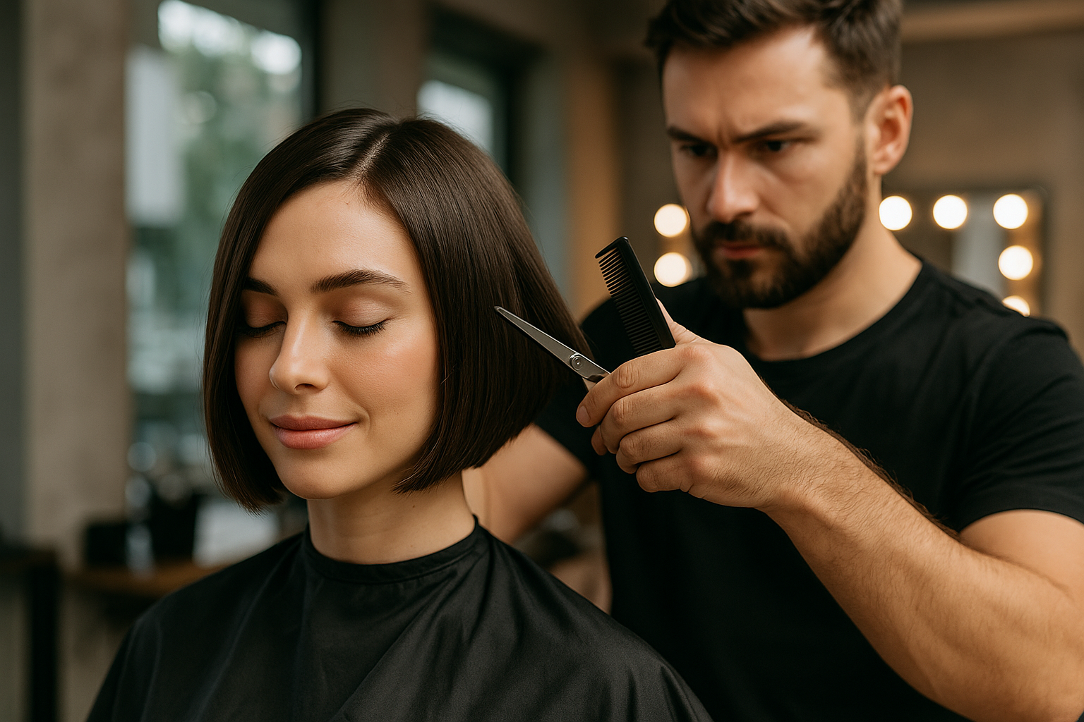 Um cabeleireiro está cortando o cabelo liso e escuro de uma mulher com uma tesoura e um pente em um salão. A mulher está sentada com os olhos fechados e usa uma capa preta. O fundo apresenta espelhos e luzes.
