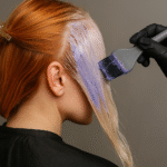 Uma pessoa com cabelos ruivos claros está sentada enquanto outra, usando luvas pretas, aplica toner ou tinta roxa usando um pincel na parte da frente do cabelo descolorido para obter uma aparência lisa e lisa. O cabelo está parcialmente cortado para trás.