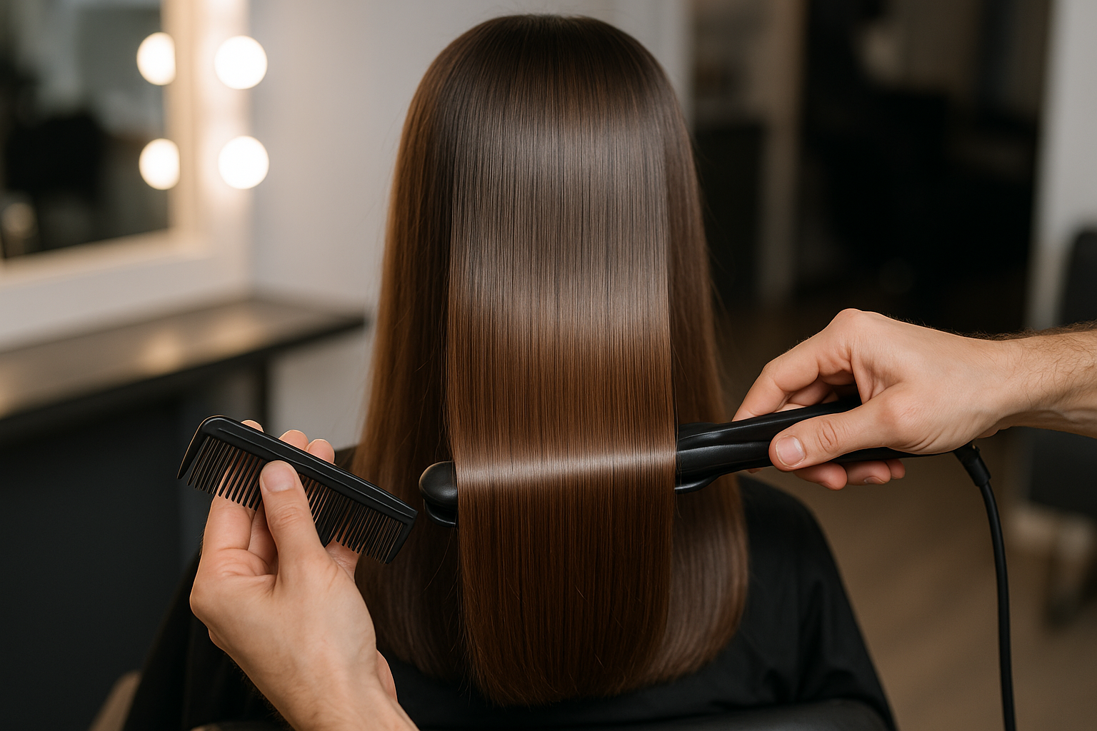 Uma pessoa com cabelos lisos, castanhos e na altura dos ombros está tendo seus cabelos alisados com uma chapinha e um pente em um salão de beleza. O foco está na parte de trás da cabeça.