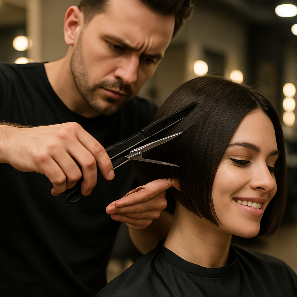 Um cabeleireiro apara cuidadosamente o corte de cabelo liso e escuro de uma mulher com uma tesoura em um salão, enquanto a mulher sorri, usando uma capa preta para modelagem.
