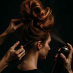 Uma pessoa penteia o volumoso penteado updo de uma mulher usando um pente e borrifa o spray de cabelo Lizzon, com a cabeça da mulher ligeiramente virada para o lado em um fundo escuro.