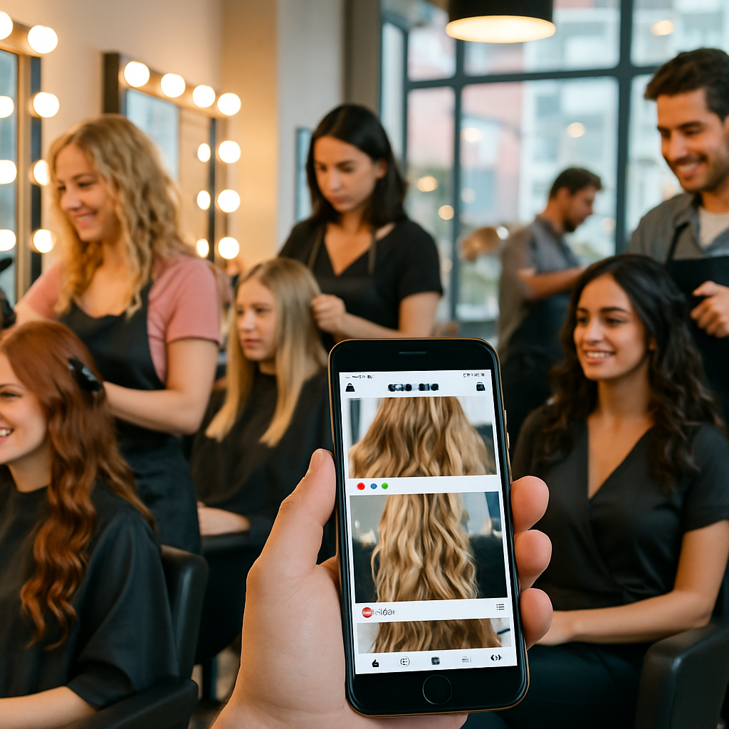 Uma pessoa segura um smartphone exibindo uma foto de um penteado longo e liso enquanto vários cabeleireiros trabalham nos cabelos das clientes em um salão moderno e bem iluminado.