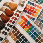 Close-up de várias amostras de cores e amostras de cabelo, incluindo amostras de cores de cabelo liso em tons de marrom, loiro e vermelho, juntamente com cartões de cores de tintas ou tecidos dispostos em uma mesa.