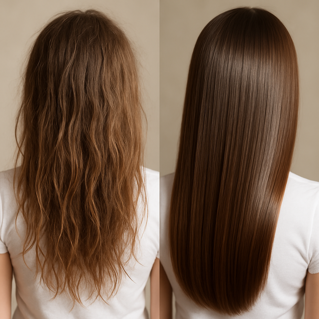 Uma pessoa com cabelo castanho longo, ondulado e crespo à esquerda e a mesma pessoa com cabelo castanho longo, liso e liso à direita, ambas vestindo camisas brancas, mostradas de costas.