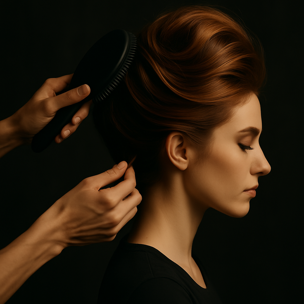 Uma pessoa com cabelos castanhos volumosos e penteados está sentada de perfil enquanto outro par de mãos usa uma escova liso e ajusta o penteado em um fundo escuro.