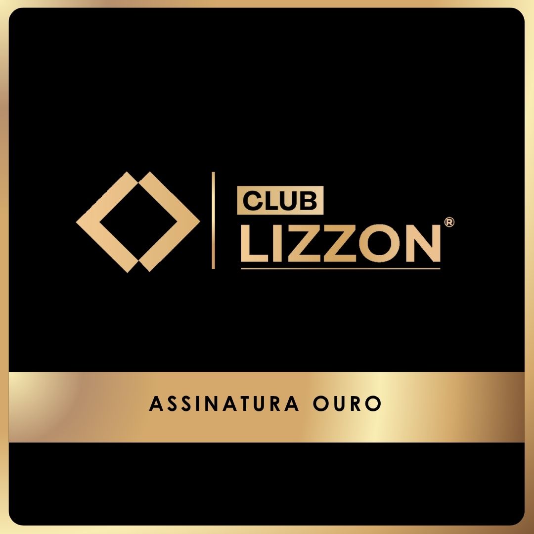 Um fundo preto com uma borda dourada exibe o logotipo e o nome do Club Lizzon em dourado. Na parte inferior, uma barra dourada apresenta