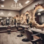 Um salão de cabeleireiro moderno com cadeiras de couro marrom, grandes espelhos redondos decorados com luzes de corda e produtos de beleza em bancadas. Duas pessoas podem ser vistas ao fundo, perto de prateleiras e estações de trabalho.