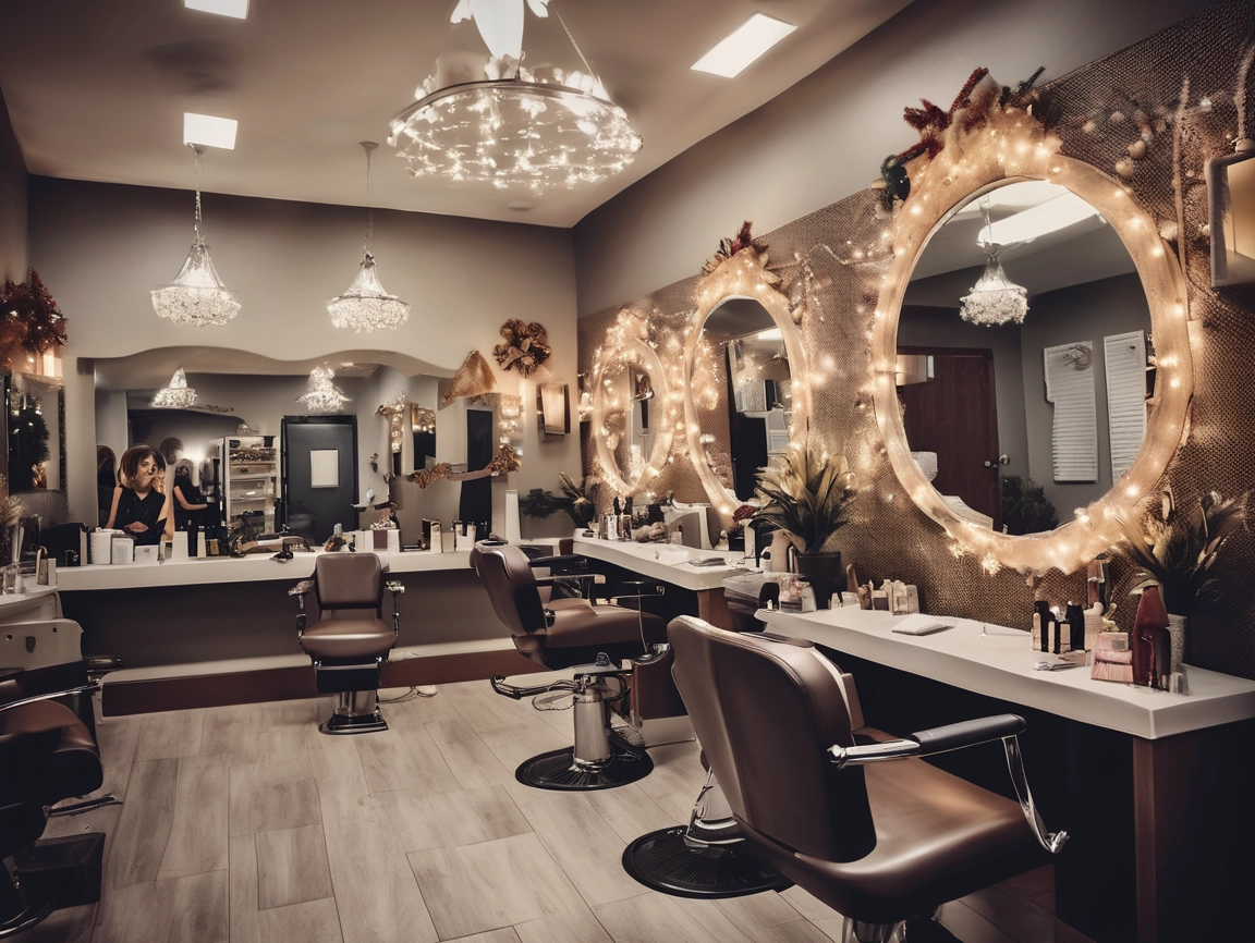 Um salão de cabeleireiro moderno com cadeiras de couro marrom, grandes espelhos redondos decorados com luzes de corda e produtos de beleza em bancadas. Duas pessoas podem ser vistas ao fundo, perto de prateleiras e estações de trabalho.