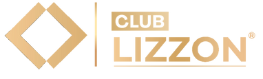 Forma de diamante geométrico dourado seguido por uma linha vertical, com as palavras CLUBE LIZZON em letras douradas em negrito sobre um fundo claro; CLUBE está dentro de uma caixa retangular acima de LIZZON.