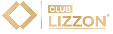 Forma de diamante geométrico dourado seguido por uma linha vertical, com as palavras CLUBE LIZZON em letras douradas em negrito sobre um fundo claro; CLUBE está dentro de uma caixa retangular acima de LIZZON.