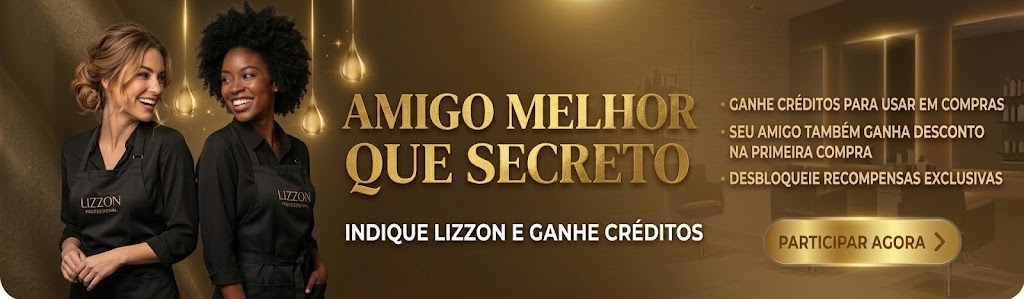 Duas mulheres com aventais pretos estão sorrindo ao lado de um texto dourado que promove um programa de indicação de uma marca chamada Lizzon. À direita, aparece uma lista de recompensas e um botão dourado com a inscrição “Participar Agora”. O fundo é marrom com detalhes dourados.
