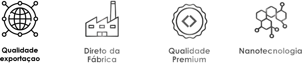 Quatro ícones com texto: um globo rotulado como Qualidade exportação, uma fábrica rotulada como Direto da Fábrica, um diamante rotulado como Qualidade Premium e hexágonos rotulados como Nanotecnologia.